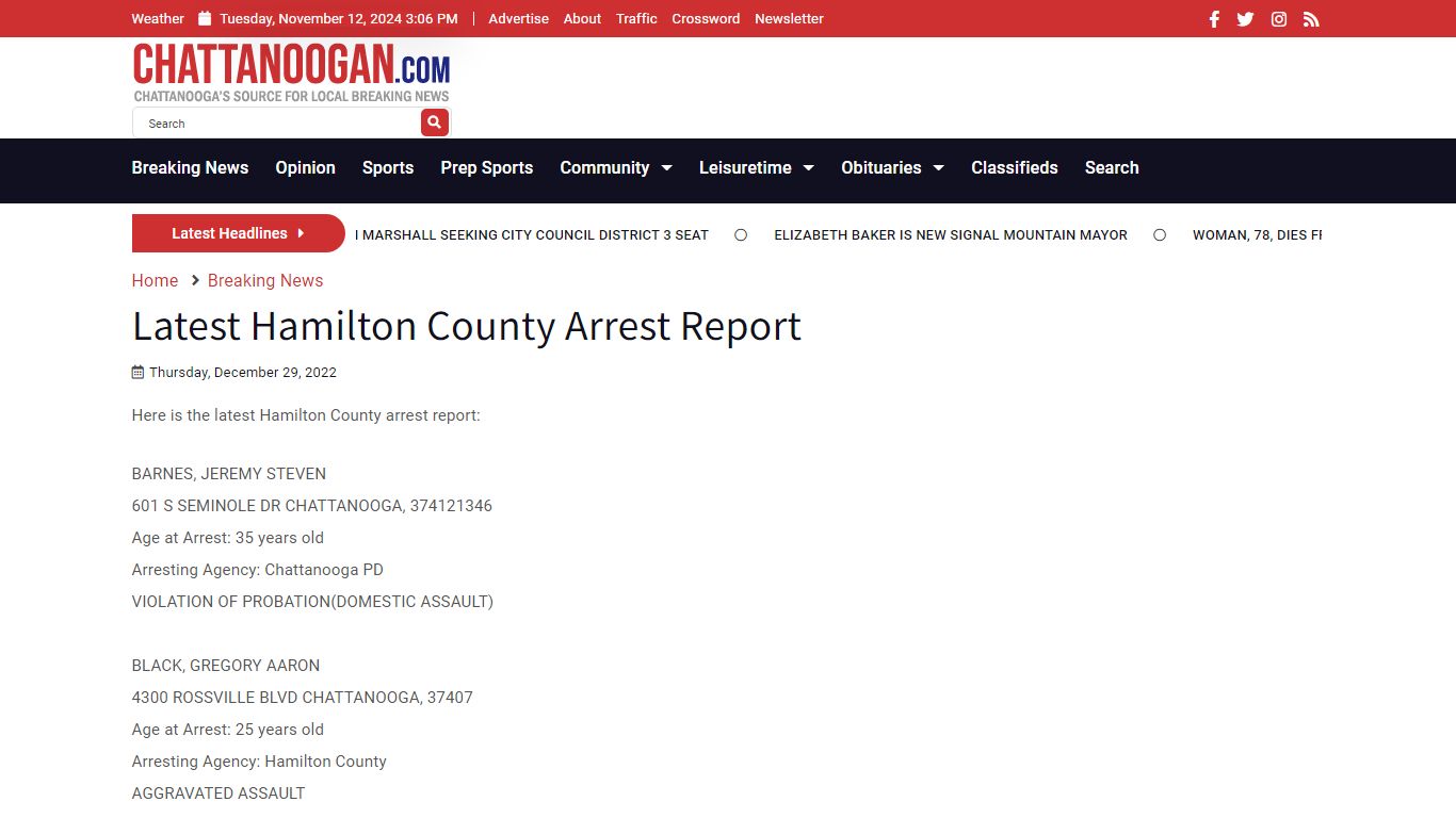 Latest Hamilton County Arrest Report - Chattanoogan.com